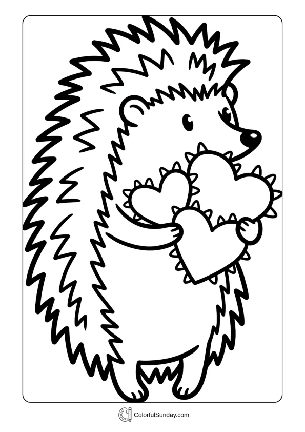 Prickly hedgehog softened by hearts in a Valentine's Day coloring page for kids