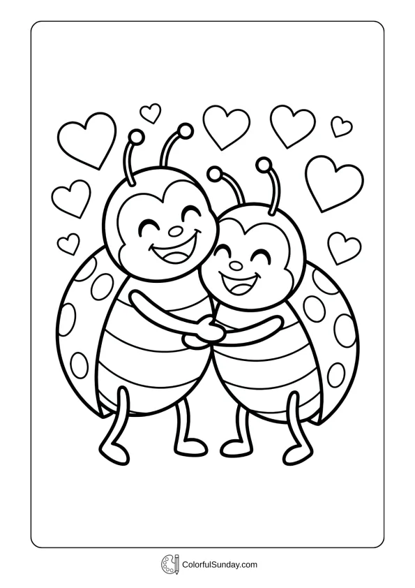 Cheerful ladybugs embracing showing friendship in a Valentine's Day coloring page for kids