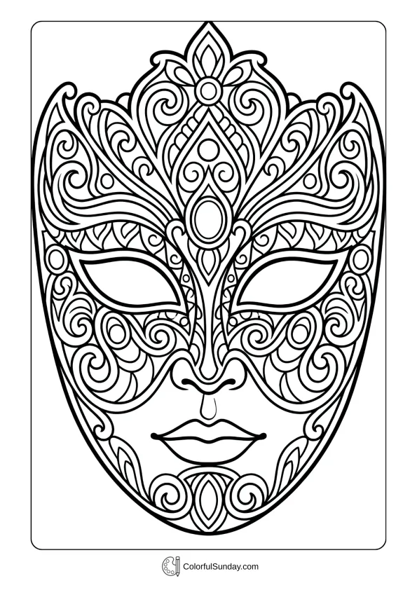 Elegant Venetian-style Mardi Gras mask coloring page adorned with swirls and ornamental gems.