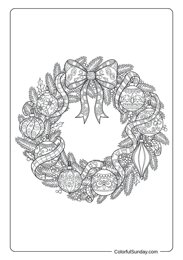 A coloring page of a Christmas wreath with Victorian style ornaments and decorations.
