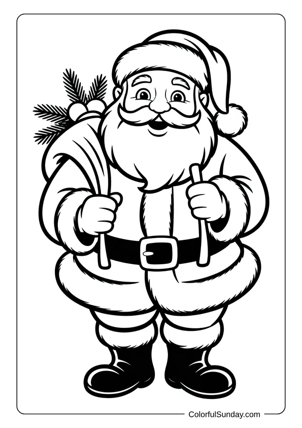Old-fashioned Santa Claus illustration holding his bag of presents, drawn in a detailed vintage coloring page.