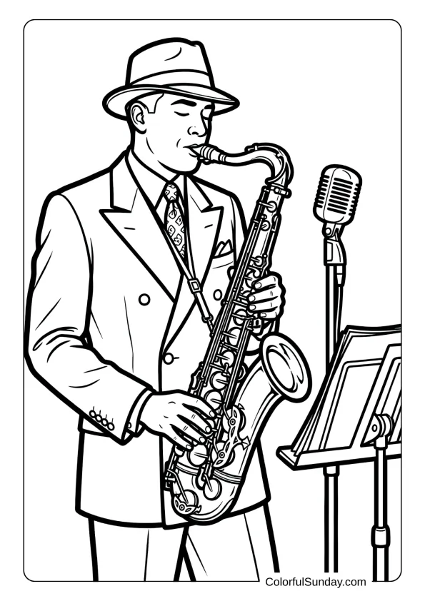 A coloring page of classic era saxophonist in retro attire performing with period-appropriate styling and vintage saxophone details.