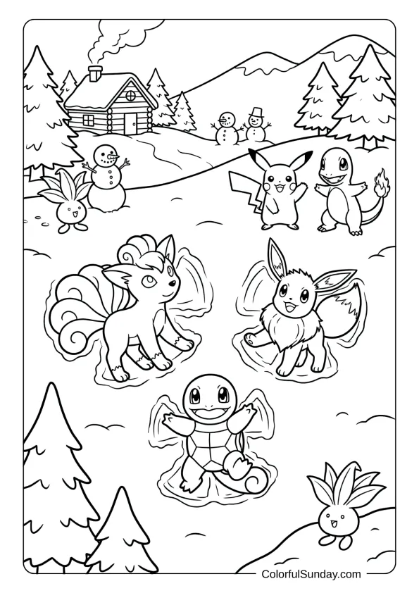 A coloring page showing Vulpix making snow angels with Christmas Pokémon friends in a winter wonderland scene.