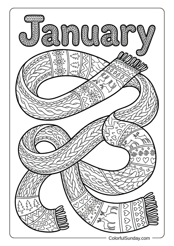 A coloring page of a long knitted scarf with patterns for January warmth coloring page