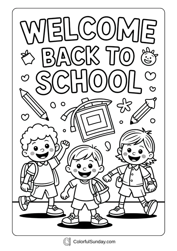 Happy group of children carrying backpacks under the words “Welcome Back to School,” playful coloring page.