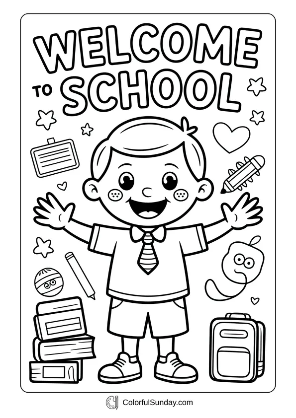 Welcome to school illustration with a smiling boy and school supplies, fun coloring page for kids.