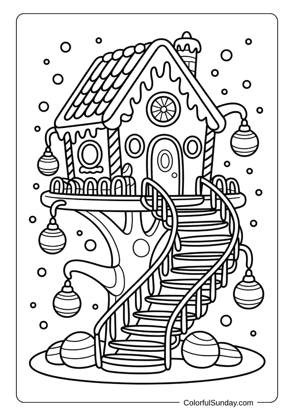 A gingerbread house perched on a tree with a twisting staircase makes a playful coloring page scene.