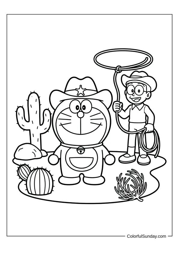 Cowboy Doraemon and Nobita in Wild West theme coloring picture.
