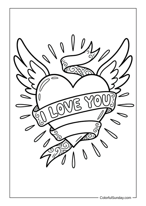Winged heart with words in a coloring page