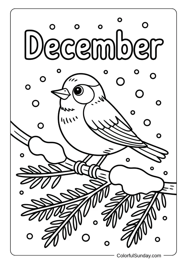 A small winter bird perched on a snowy pine branch, captured beautifully in a December coloring page.