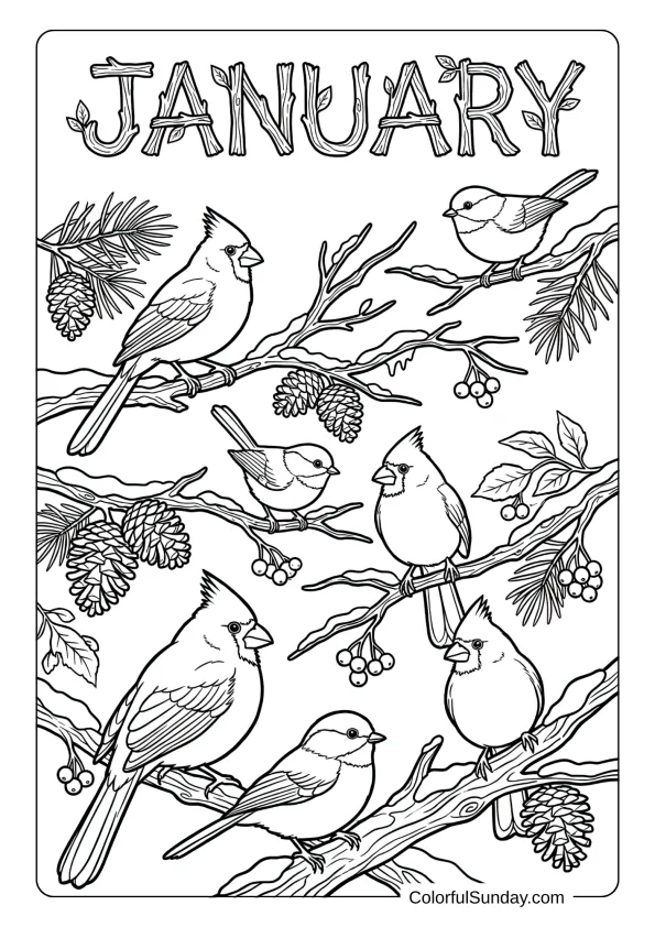 A coloring page showing winter birds on branches during January cold season coloring page