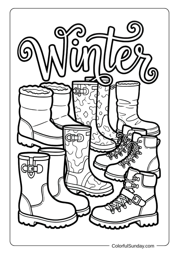 Various boots with patterns and laces ready for adventure in this winter collection coloring page.
