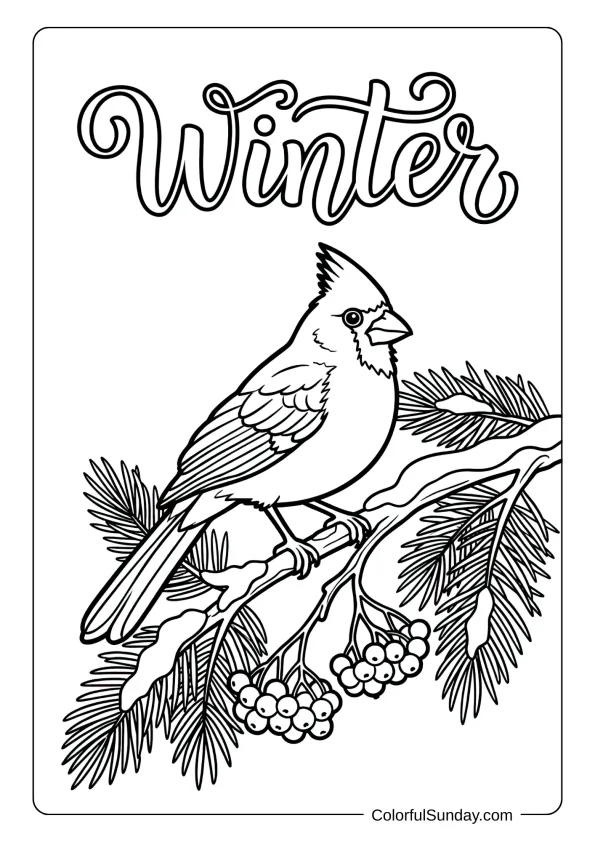 A beautiful cardinal perches on a snowy branch in this winter bird coloring page.