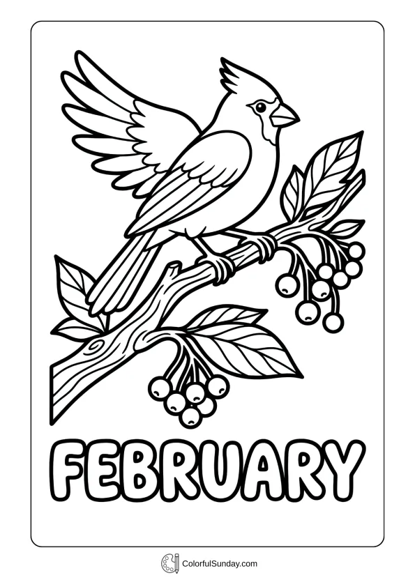A winter cardinal coloring page showing bird perched on snowy branch with February berries coloring page