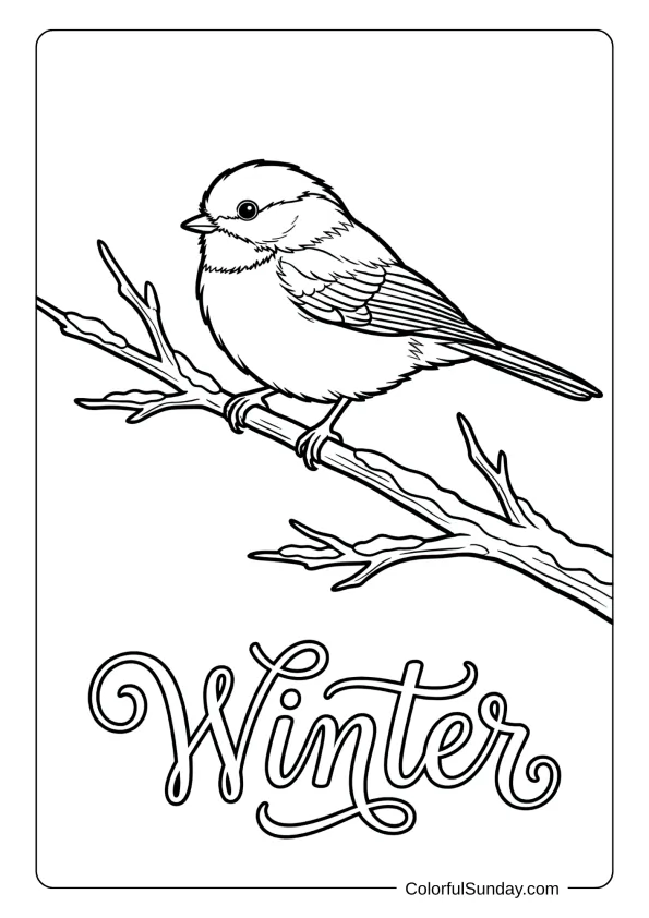 A tiny chickadee perches on a snowy twig in this winter bird coloring page.
