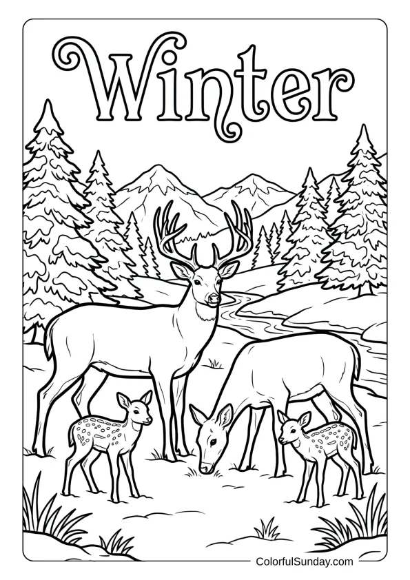 A deer family grazes in a snowy meadow in this winter coloring page.