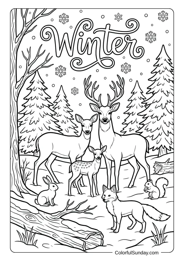 Woodland creatures gather among snow-covered trees in this winter forest coloring picture.