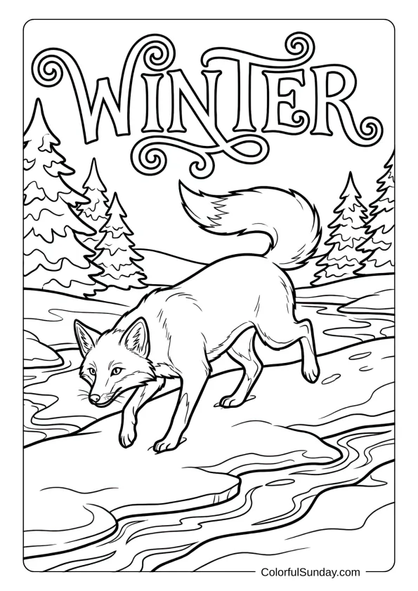 A clever fox prowls through snowy terrain in this winter coloring picture.