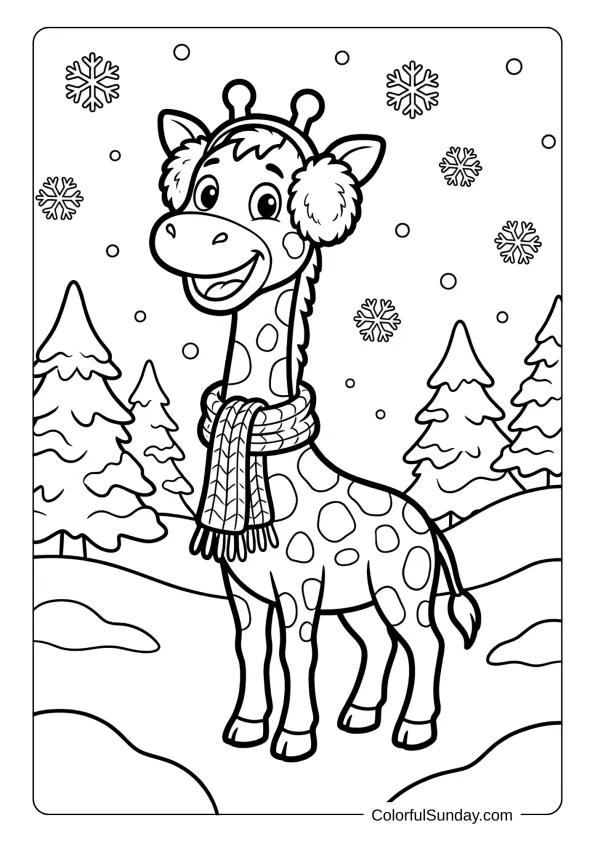 A cheerful winter giraffe coloring page wearing cozy scarf and earmuffs playing in snowy wonderland.