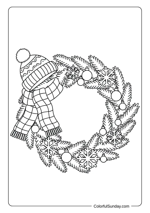 A Christmas wreath coloring page featuring a winter hat and scarf decoration.