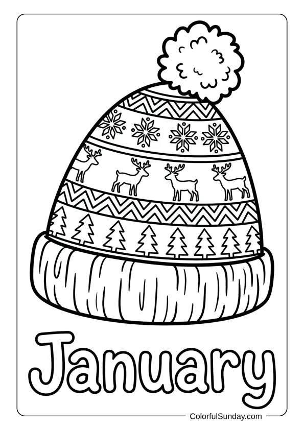 A coloring page of a woolly winter hat with pompom for January warmth coloring page