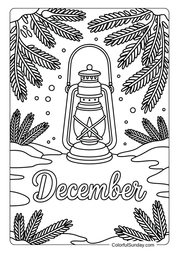 A glowing lantern surrounded by pine branches and snowflakes in a winter-themed December coloring page.