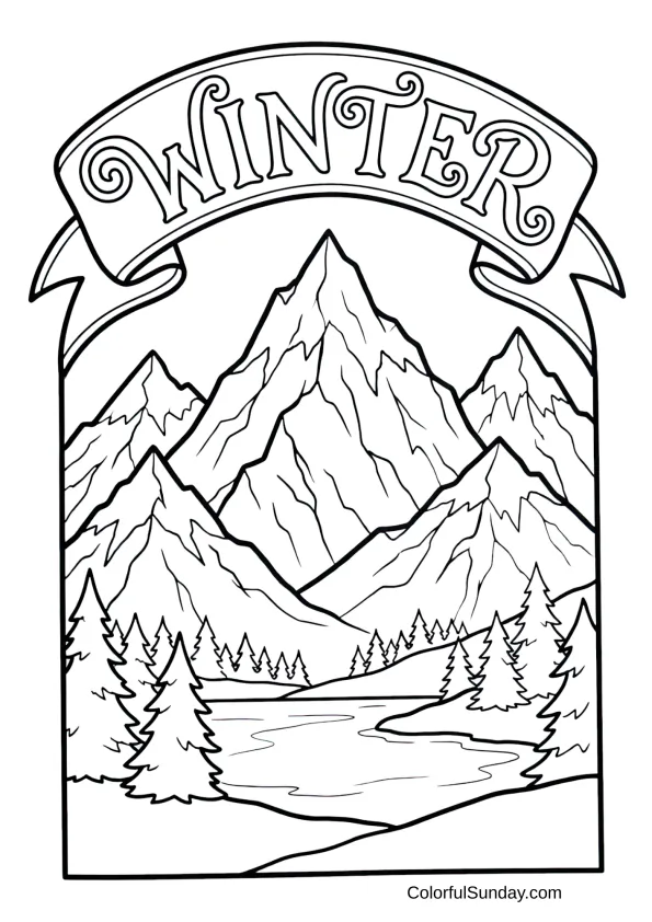Towering peaks covered in snow create a majestic winter mountain landscape coloring page.