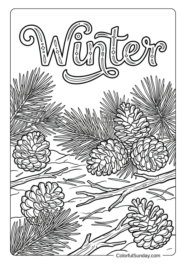 Detailed pinecones rest on snowy ground in this winter collection coloring picture.