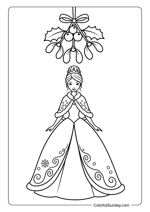 A coloring page of a winter princess standing under mistletoe.