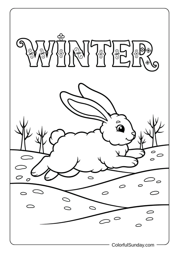 A fluffy rabbit hops through a snowy field in this winter coloring picture.