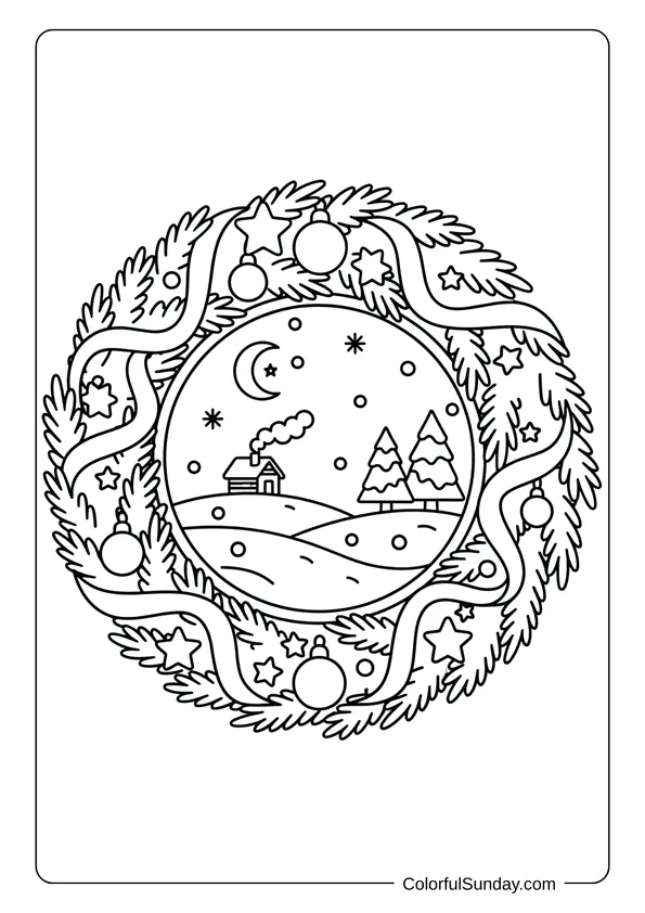 A Christmas wreath coloring page featuring a winter scene decoration inside the wreath.