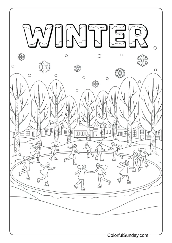 An outdoor ice rink bustles with skaters in this winter skating coloring picture.