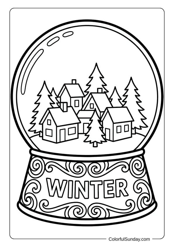 A magical snow globe captures a tiny village in this winter coloring page.
