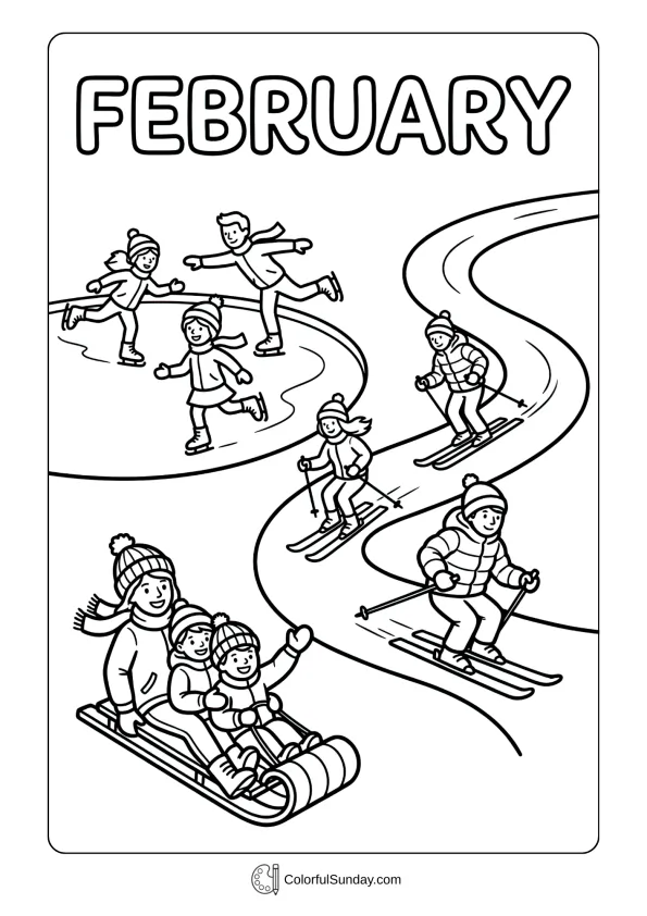 A winter sports coloring page featuring ice skaters and sledders enjoying February activities coloring page