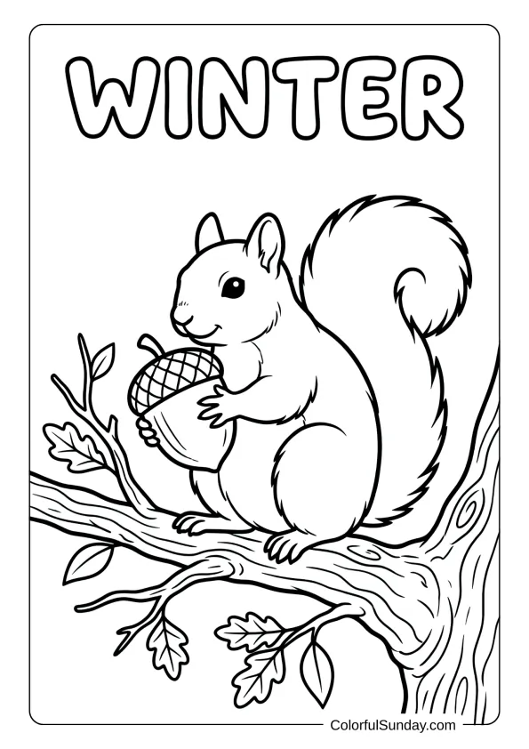 A busy squirrel collects acorns among snowy branches in this winter coloring picture.
