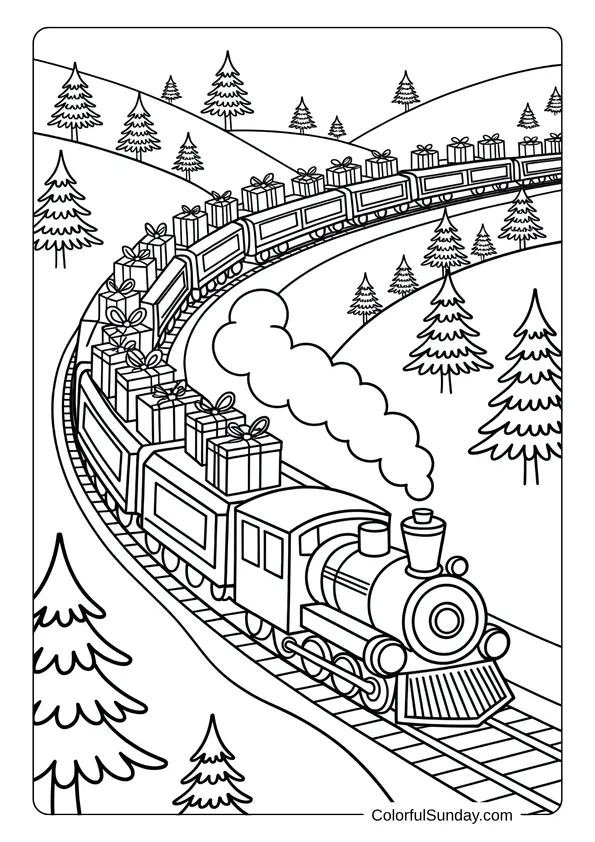 Train filled with presents traveling through snowy hills and pine trees in a Christmas coloring page.