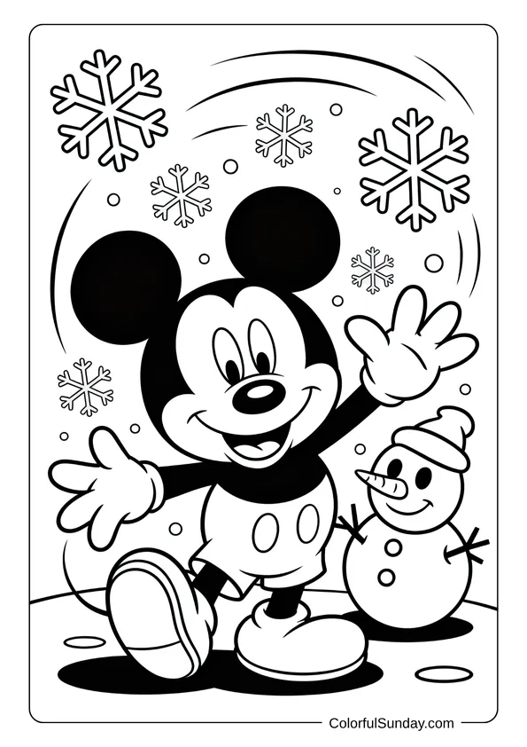Pikachu From Pokemon Coloring Page Winter wonderland coloring page of Mickey Mouse playing outside with snowflakes and a snowman.