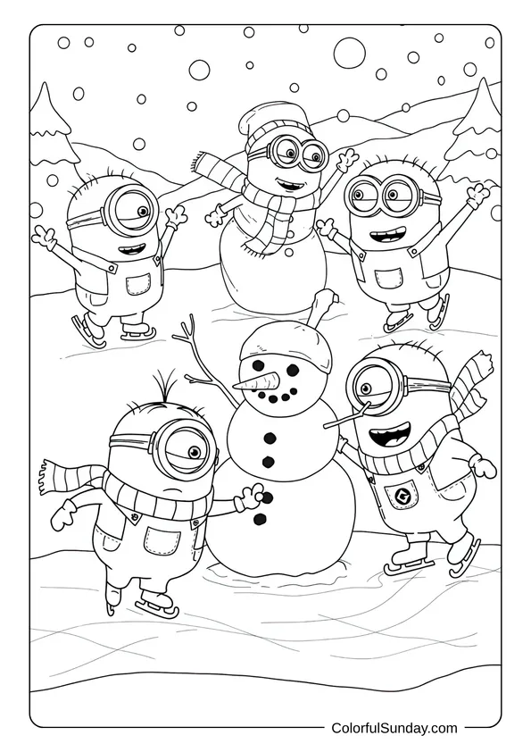 Minions ice skating and building snowmen in a cheerful winter-themed coloring page.