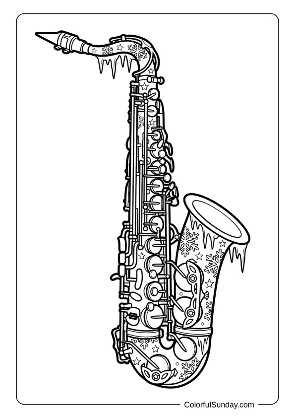 A saxophone coloring page decorated with snowflakes, winter stars, and icicle patterns coloring page.