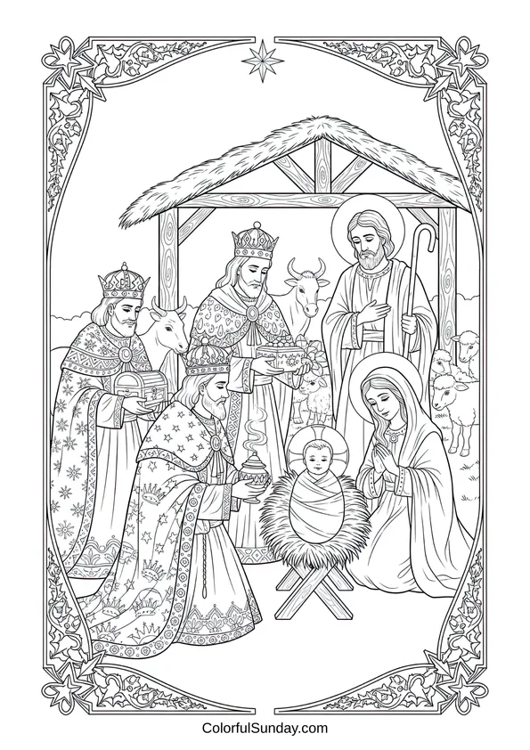 A nativity coloring page showing wise men and the holy family together at Jesus birth.
