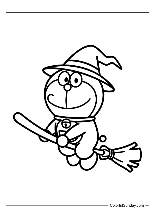 Doraemon dressed as a witch riding a broomstick Halloween coloring page.