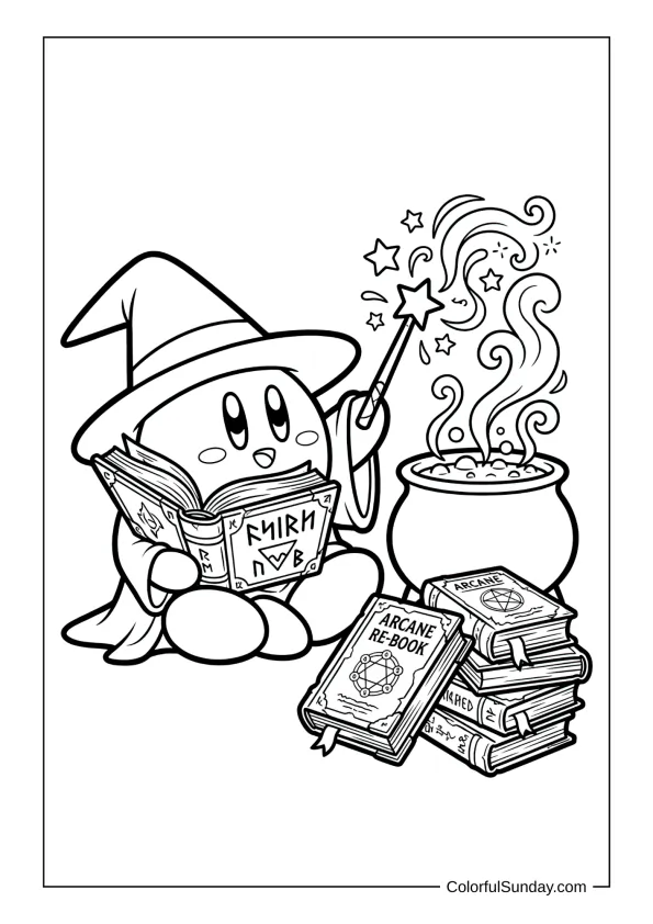 Kirby wearing a wizard hat studies spellbooks with a wand and bubbling cauldron in this magical coloring page