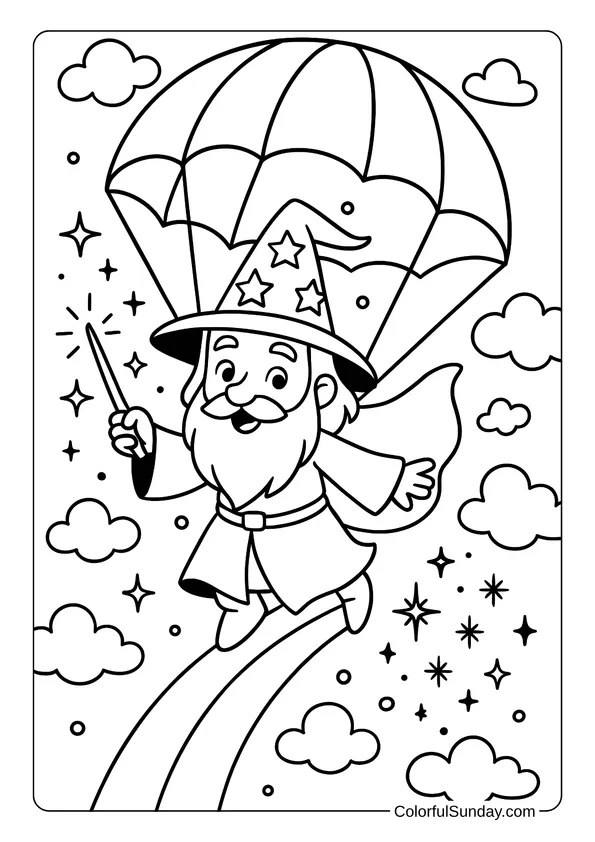 A friendly wizard with a starry hat parachutes down a rainbow surrounded by magic sparkles and clouds.
