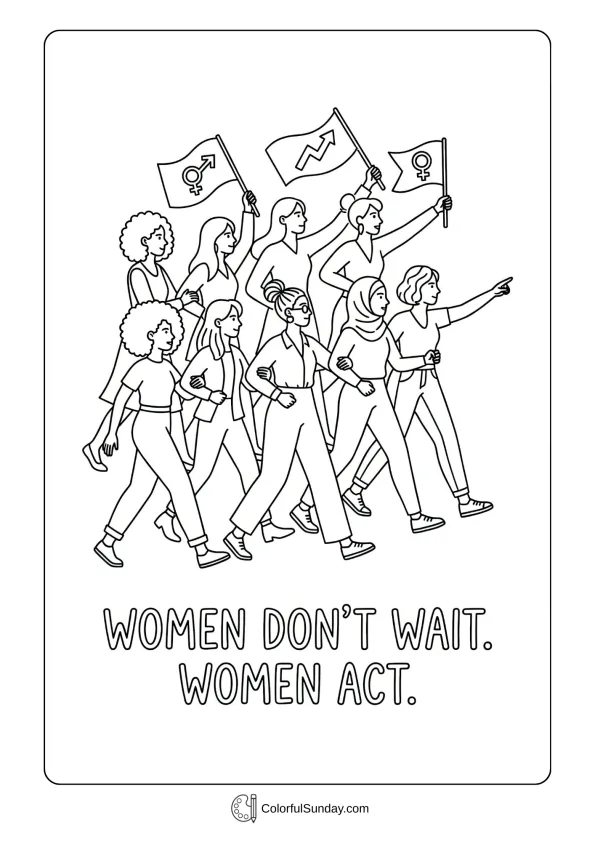 Dynamic Women's Day coloring page featuring women taking action with confident movement