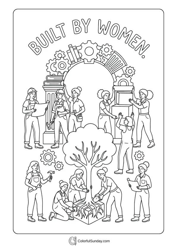 Collaborative scene for Women's Day coloring page showing shared building and creative effort