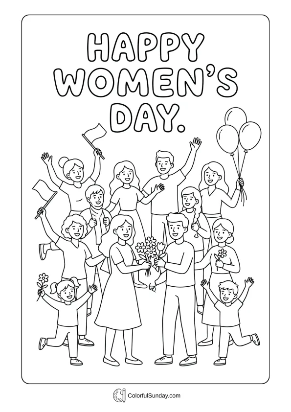 Cheerful Women's Day scene, coloring page showing smiles, celebration, and happy togetherness