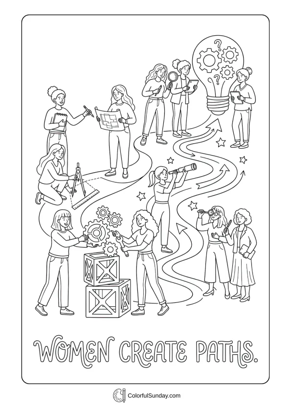 Collaborative artwork for Women's Day coloring page showing women building paths forward