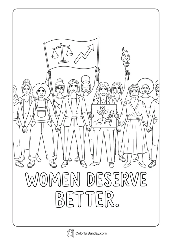 Strong stance in a Women's Day coloring page showing women demanding fairness and better futures