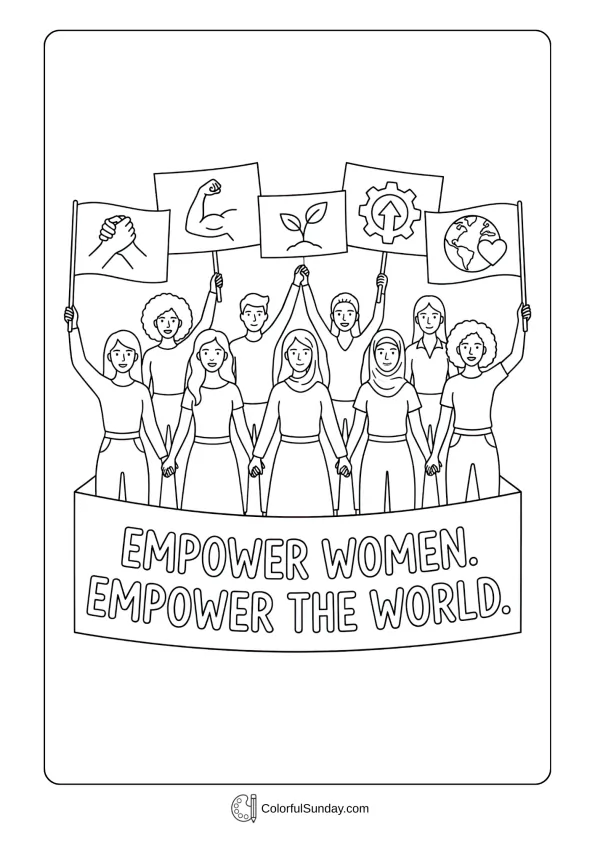 Inspiring illustration for Women's Day coloring page showing united people and empowering message at celebration