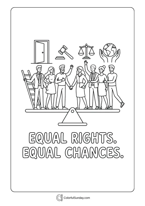 Balanced scene for Women's Day coloring page showing people united around fairness and equal opportunity